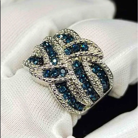 Blue Sapphire Zircon Marquise Wide Band Ring - Picture 2 of 6